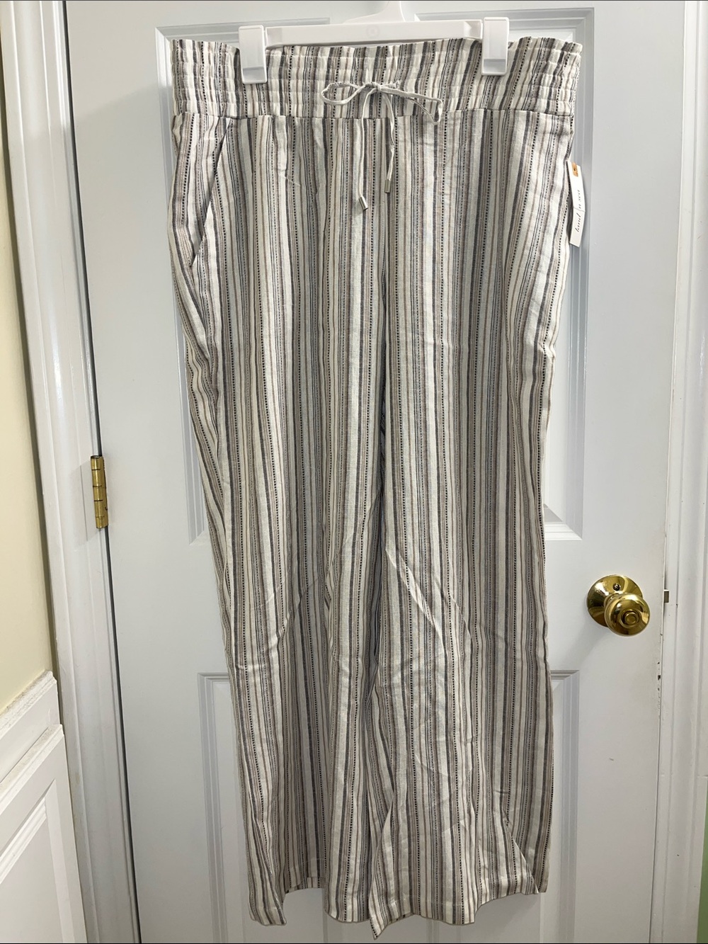 Linen Lightweight Striped Drawstring Wide Leg Pants - Cream & Gray